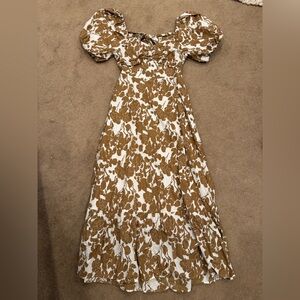 Free the Roses White and Brown Floral Maxi Dress with Puff Sleeves